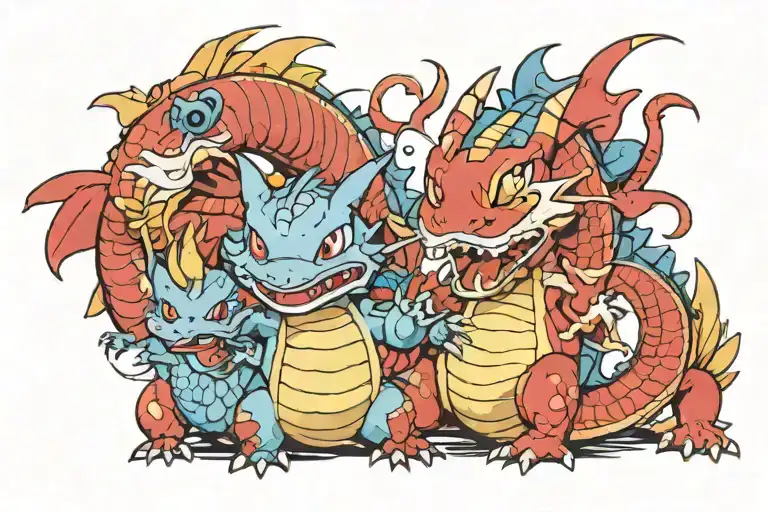 starter Pokémon doing Chinese dragon dance with gyarados tattoo design idea
