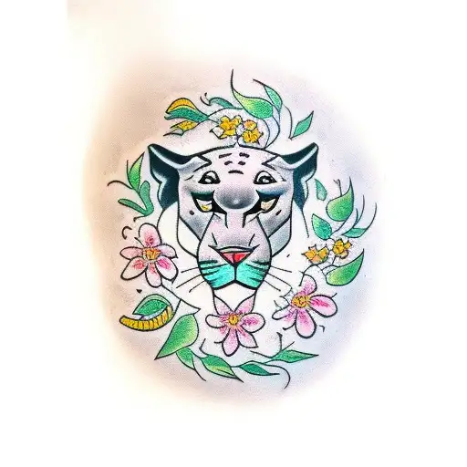 panther with flowers tattoo design idea