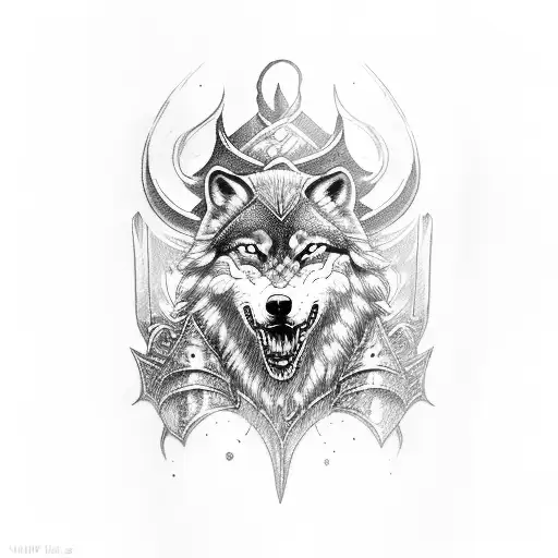 A fierce Viking warrior riding a majestic wolf through a stormy sea tattoo design idea