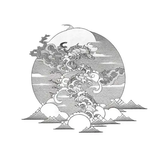 leg sleeve with ronin on bottom kitsune in middle and temple at top with clouds and rocks background tattoo design idea