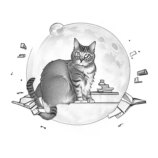 A silhouette of a cat sitting on a moon, surrounded by floating books tattoo design idea