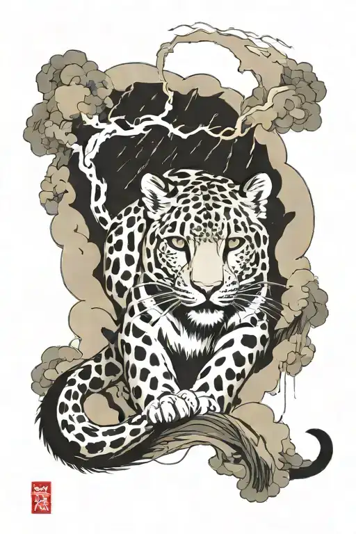 snow leopard with lightning and a waterfall tattoo design idea