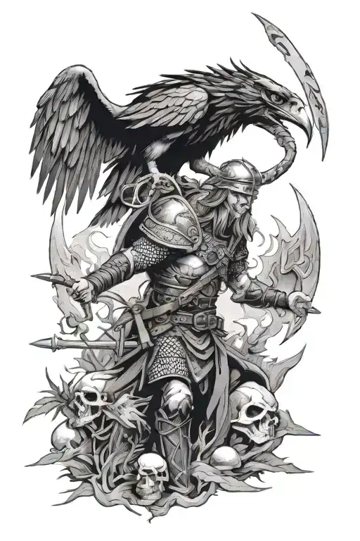 Viking warriors battle scene, raven skulls, symbols tattoo design idea