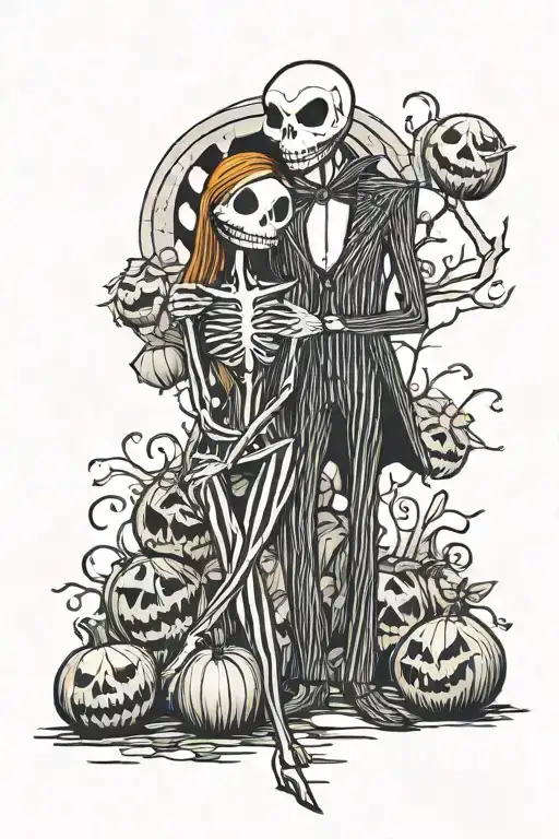 Sally and Jack Skellington holding each other with ashlie farmer beneath them with 05-26-85 tattoo design idea