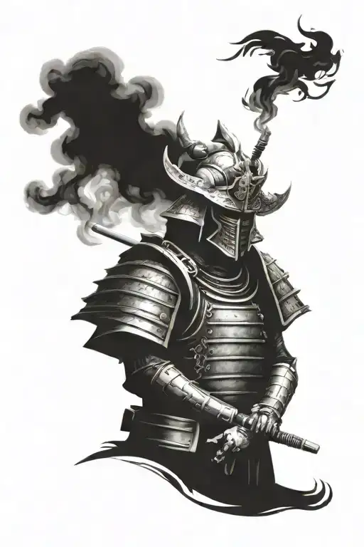 A samurai who is standing and wearing a robot armor and is smoking a Winston cigarette and his face is not clear tattoo design idea