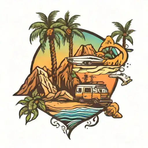 camping, fishing, surfing, palm trees, cactus, mountains  tattoo design idea