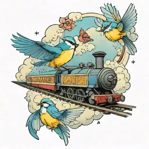 a bluetit and a robin racing a train on a track through the clouds to the pearly gates of heaven  tattoo design idea