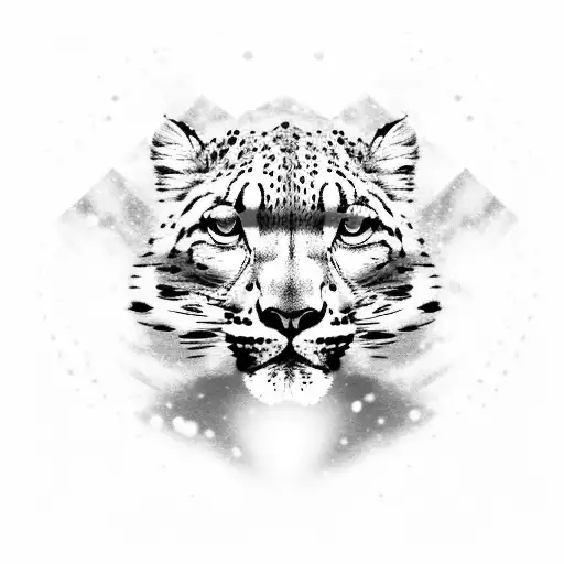 A silhouette of a snow leopard gracefully leaping over the Georgian Mountains tattoo design idea