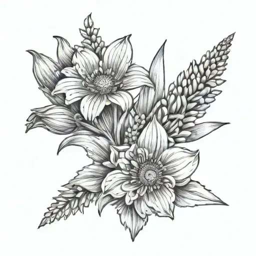 bouquet of flowers with a lavender, a gerbera, a saffron flower, an antrium and a canna. tattoo design idea