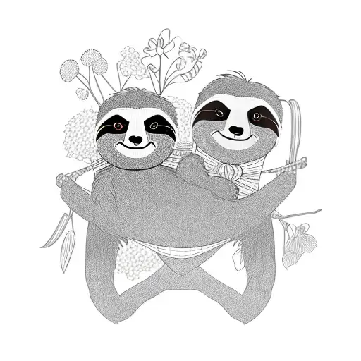 A sloth and teddy bear sharing a hammock made of flowers tattoo design idea