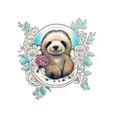 A traditional-style teddy bear snuggled up with a sloth in a bed of flowers tattoo design idea