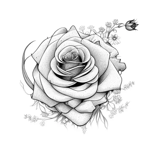 bouquet of flowers with a rose, daisy, delphinium, violet, morning glory, daffod tattoo design idea
