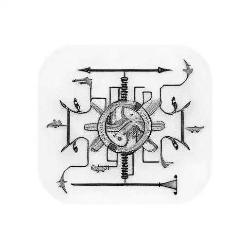 A computer circuit board intertwined with fishing hooks and musical notes, representing the client's occupations and interests tattoo design idea