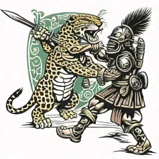 Mayan jaguar warrior with spear and shield in hand taking down a Spanish soldier tattoo design idea