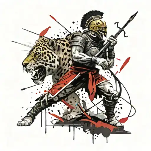 Mayan jaguar warrior with spear and shield in hand taking down a Spanish soldier tattoo design idea