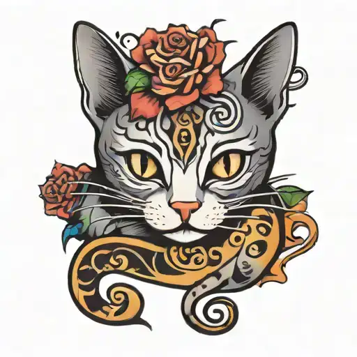 Cat with a queu in treble clef  tattoo design idea