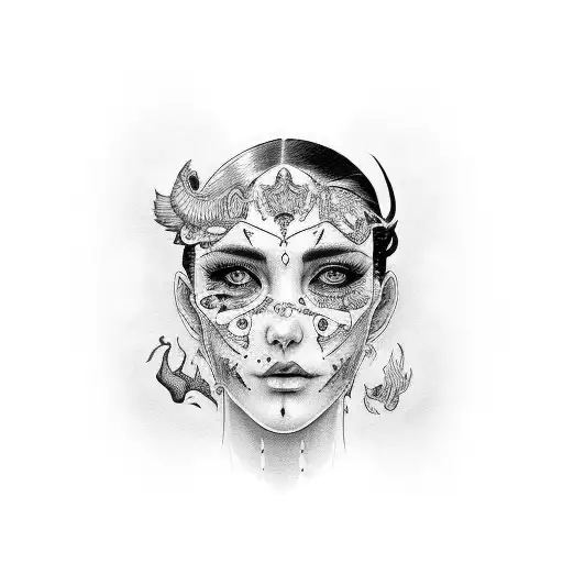 a white woman with a normal face black hair but a scar in her face and deep eyes tattoo design idea