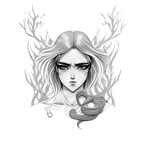 a white woman with a normal face black hair but a scar in her face and deep eyes anime stylr tattoo design idea