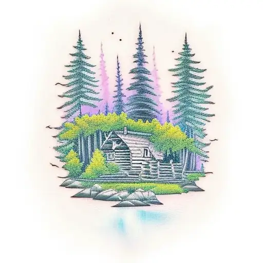 canadian forest, cabin, night time, trees, lake tattoo design idea