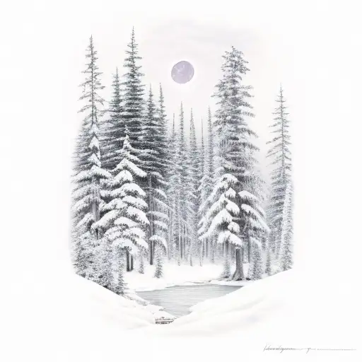 canadian forest, cabin, night time, trees, lake tattoo design idea