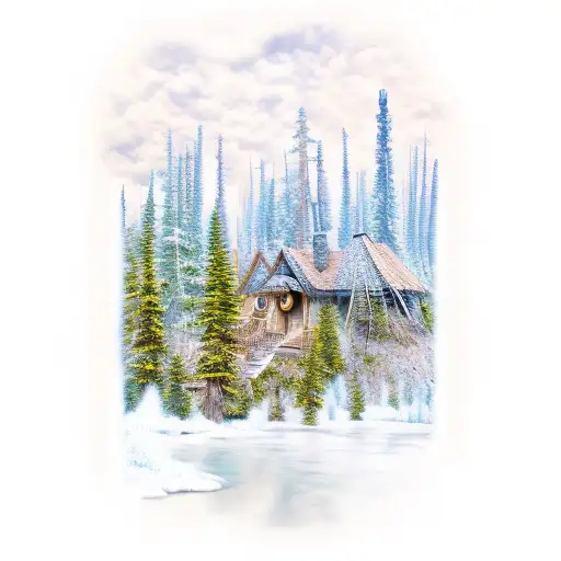 adventure awaits, canadian forest, cabin tattoo design idea