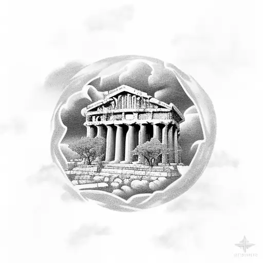 Blackwork "Greek Temple In Ruins With The Sky On..." Tattoo Idea - BlackInk AI