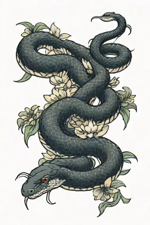 eternity snake eating it's tail figure 8 on lotus flowers growing tattoo design idea