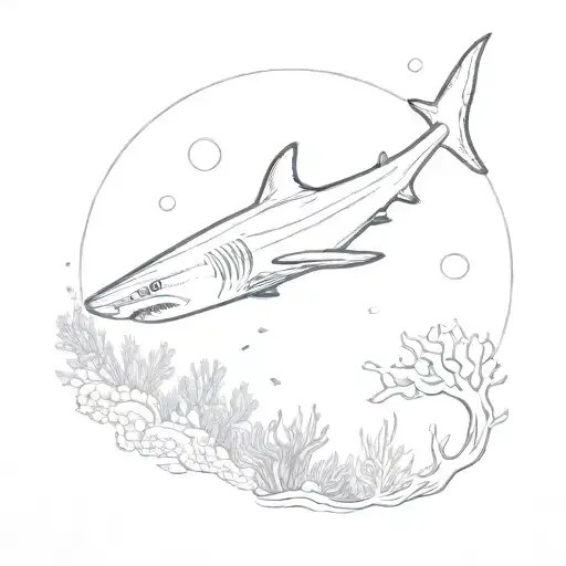 A minimalist outline of a shark swimming through a coral reef, representing your passion for coral and sharks tattoo design idea