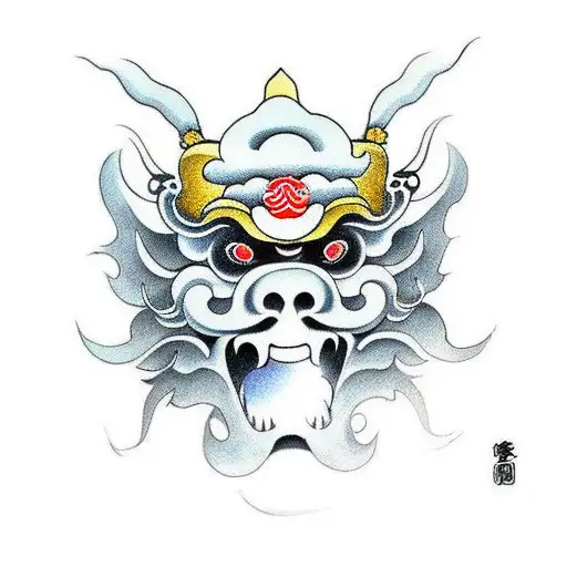 japanese oni mask with clouds tattoo design idea