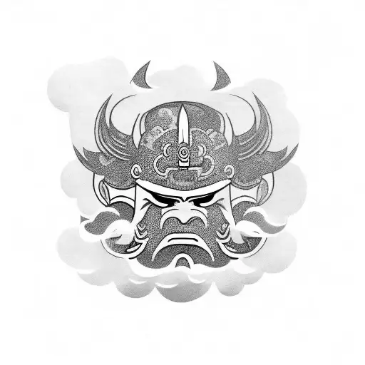 japanese oni mask with clouds tattoo design idea
