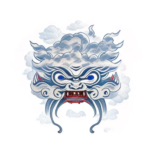 japanese oni mask with clouds tattoo design idea
