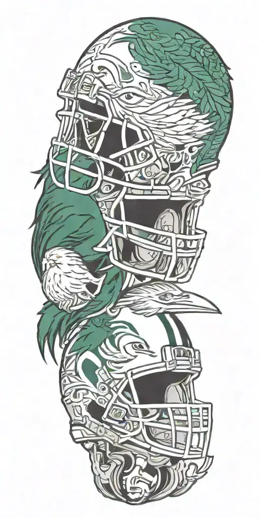 A new-school tattoo of a Michigan state football helmet with intricate bird patterns and feathers, showcasing your passion for both college football and bird watching tattoo design idea