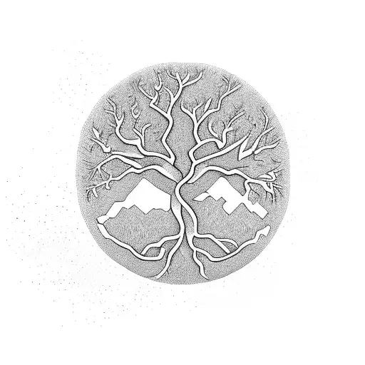 A majestic tree with roots shaped like the continents tattoo design idea