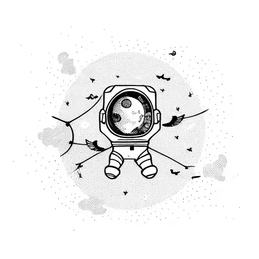 Astronaut floating in space with a trail of colorful birds flying around tattoo design idea