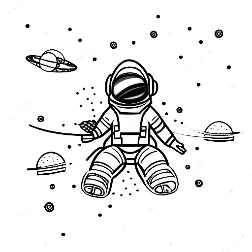 Astronaut floating in space with a trail of colorful birds flying around tattoo design idea