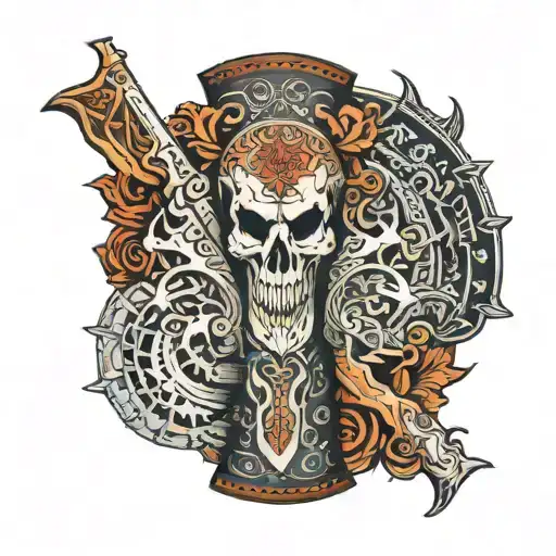 western tooled leather forearm sleeve with crossing pistols, a longhorn skull, red fish tail and say when written  tattoo design idea