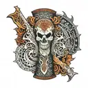 western tooled leather forearm sleeve with crossing pistols, a longhorn skull, red fish tail and say when written  tattoo design idea