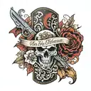 western tooled leather forearm sleeve with crossing pistols, a longhorn skull, red fish tail and say when written  tattoo design idea