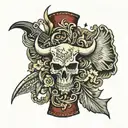 western tooled leather forearm sleeve with crossing pistols, a longhorn skull, red fish tail and say when written  tattoo design idea