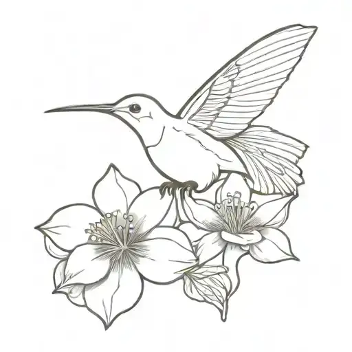 fine line of a columbine with a humming bird and a butterfly hovering around the flower.  tattoo design idea