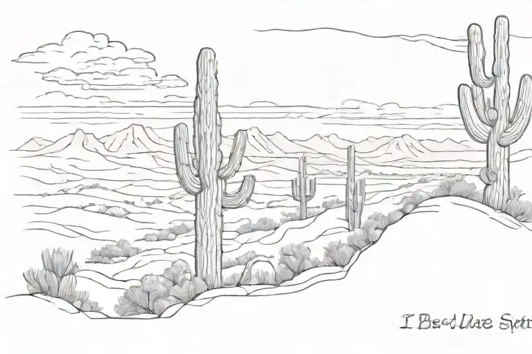singular desert pillar, "I'll be seeing you" in written text,  one saguaro cactus tattoo design idea