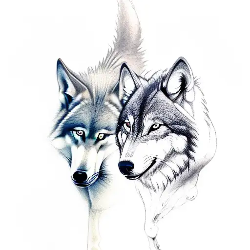 A realistic wolf running alongside a horse, with subtle Christian symbols incorporated tattoo design idea