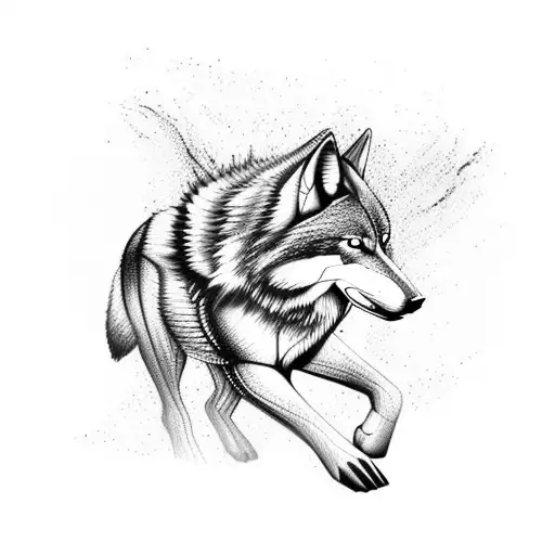 A realistic wolf running alongside a horse, with subtle Christian symbols incorporated tattoo design idea