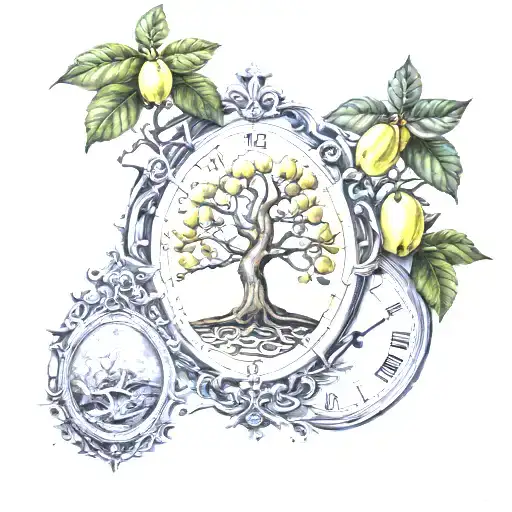 quince tree and time and death tarot card tattoo design idea