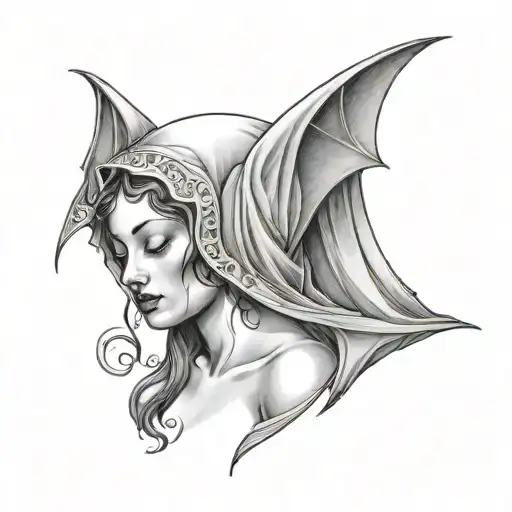 veiled virgin with bats flying tattoo design idea