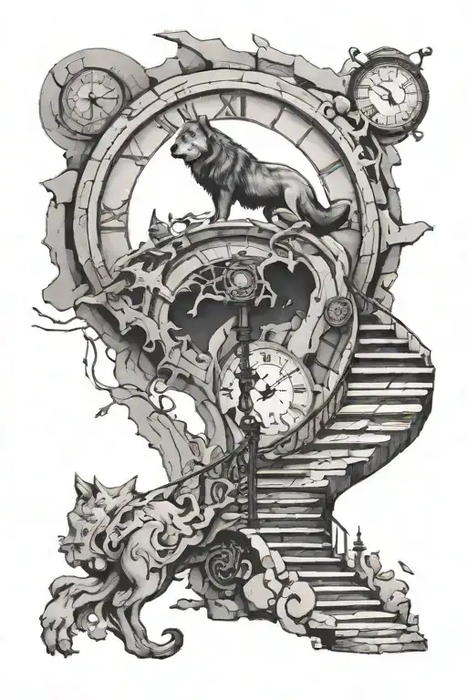 Abstract surreal wolf climbing up a stone semispiral staircase with cracked clock at the top surounded with shadows tattoo design idea