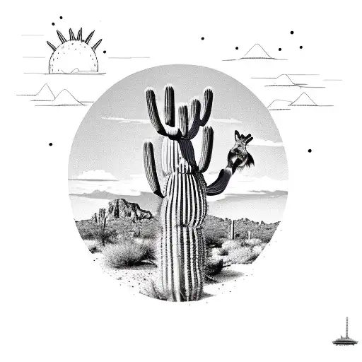 saguaro cactus with desert mountain background with a roadrunner silhouette and coyote silhouette next to the one cactus tattoo design idea