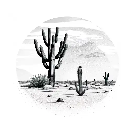 saguaro cactus on a desert landscape with a roadrunner and coyote silhouette  tattoo design idea