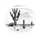 saguaro cactus on a desert landscape with a roadrunner and coyote silhouette  tattoo design idea