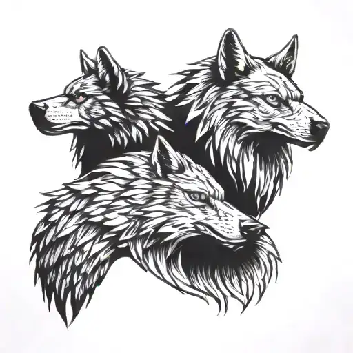 a father with his two daughters Holding hands, up from the Main pic is an eagle and down a Wolf. tattoo design idea